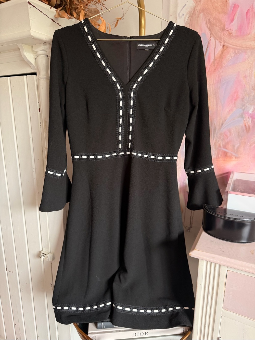 Karl Lagerfeld Black Long-Sleeve V-Neck A-Line Dress with White Trim